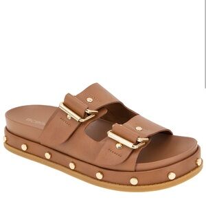 BCBG Tan Slide Sandals with Gold Studs (New)